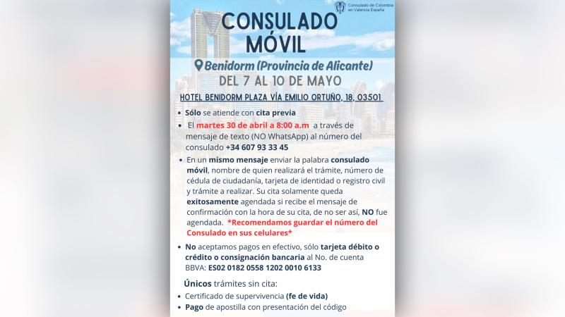El Consulado de Colombia se desplaza a Benidorm para realizar gestiones de sus compatriotas del 7 al 10 de mayo